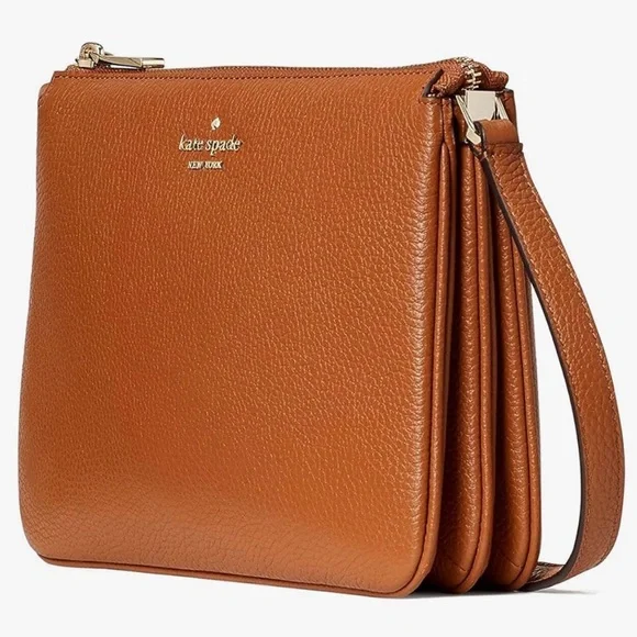 KATE SPADE Leila Triple Gusset Crossbody Pebbled Leather Brown Shoulder Bag - Picture 2 of 11